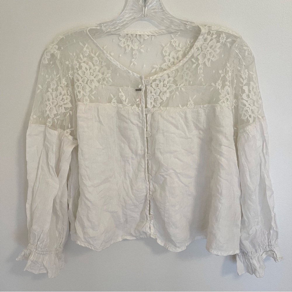 Free People Lace Button Down Crop Blouse Gauze